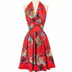 Trashy Diva Asian Inspired Red Fans Dottie Halter Pinup Rockabilly Dress Sz 18